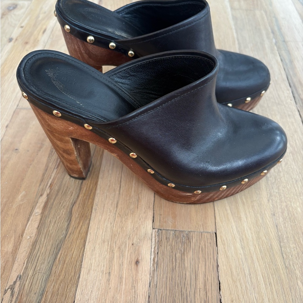 Elie Tahari Studded Black Leather Clogs with Wooden Heels